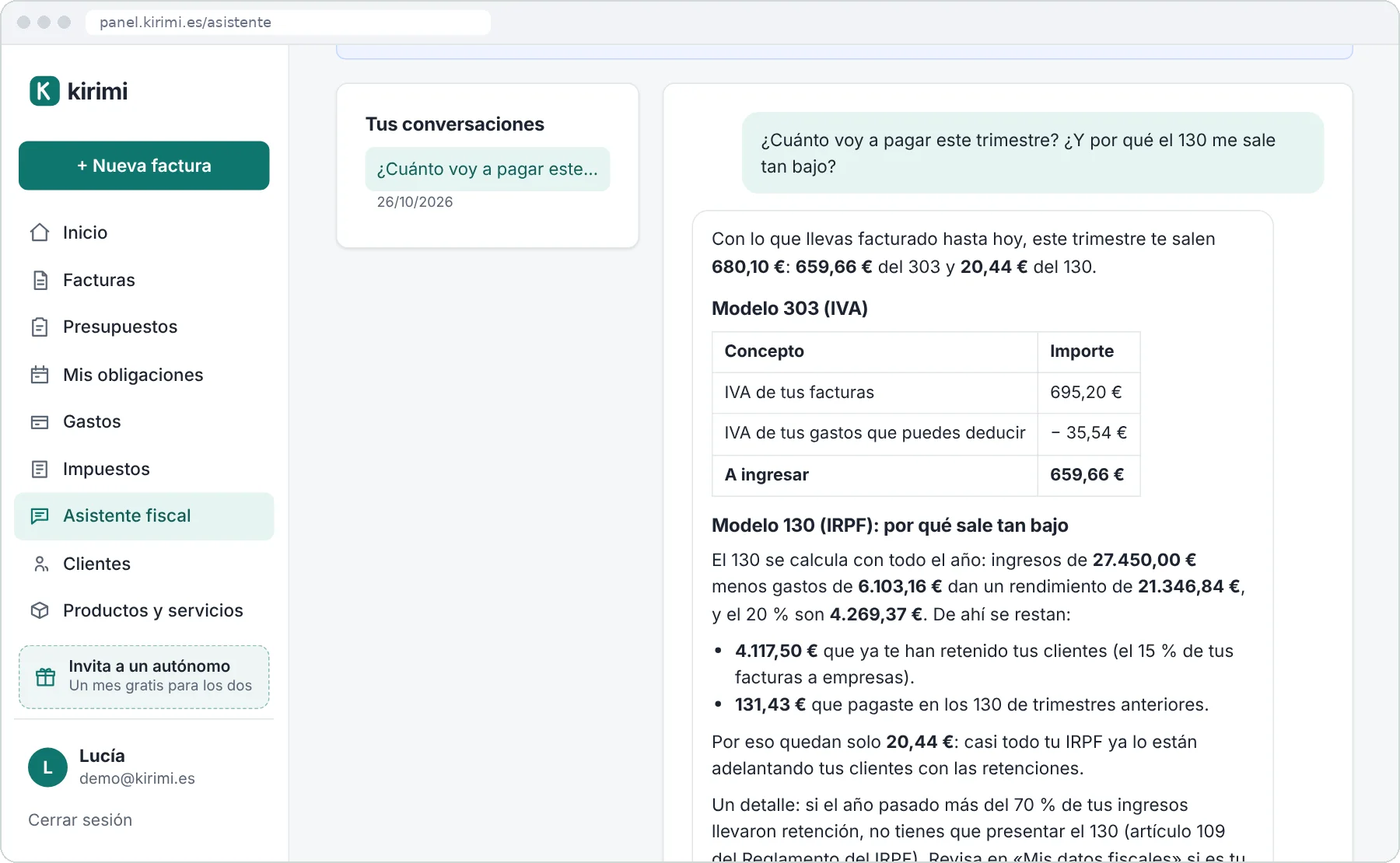 Asistente fiscal de Kirimi explicando con los datos del usuario cuánto paga en el 303 y en el 130 del trimestre y por qué