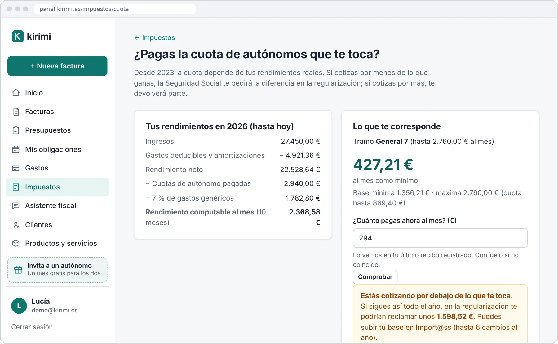 Kirimi calcula el tramo de la cuota de autónomos con los rendimientos reales y avisa si estás cotizando por debajo