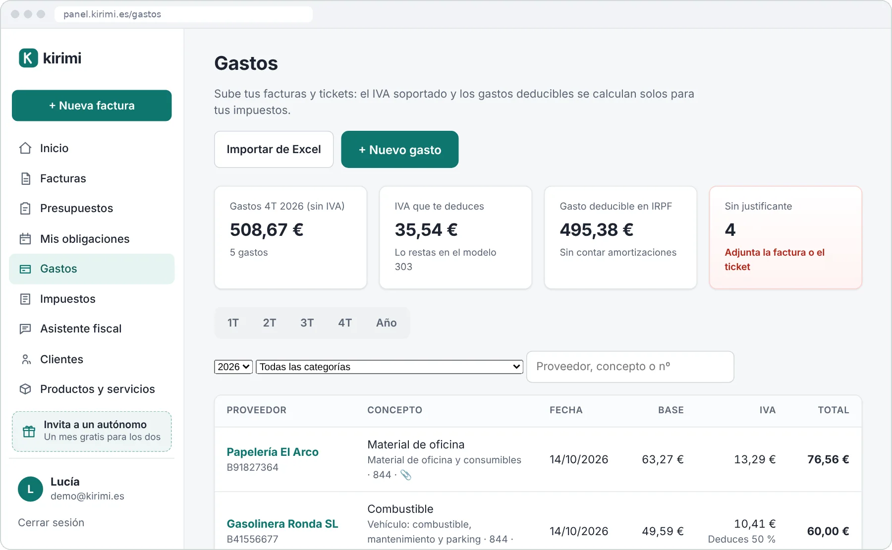 Listado de gastos con categorías, origen del documento, base e IVA