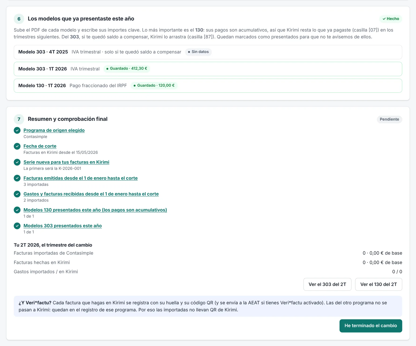 Asistente «Vengo de otro programa» de Kirimi con los modelos ya presentados y la lista de comprobación final del cambio