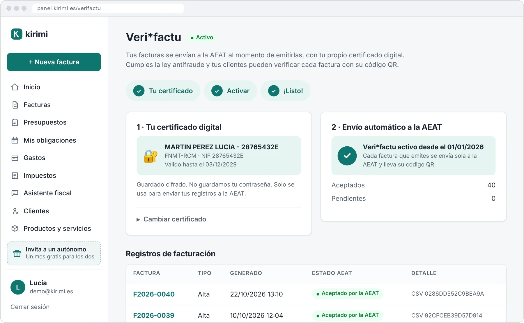 Pantalla de Veri*factu con el certificado digital y cada registro de facturación aceptado por la AEAT